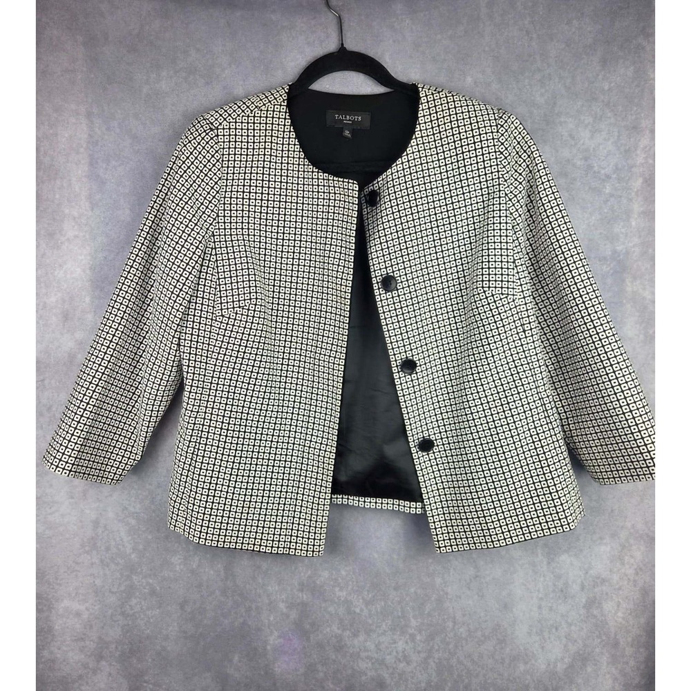 Talbots Petites Black White Geometric Tile Collarless Blazer Jacket 12P VN1953